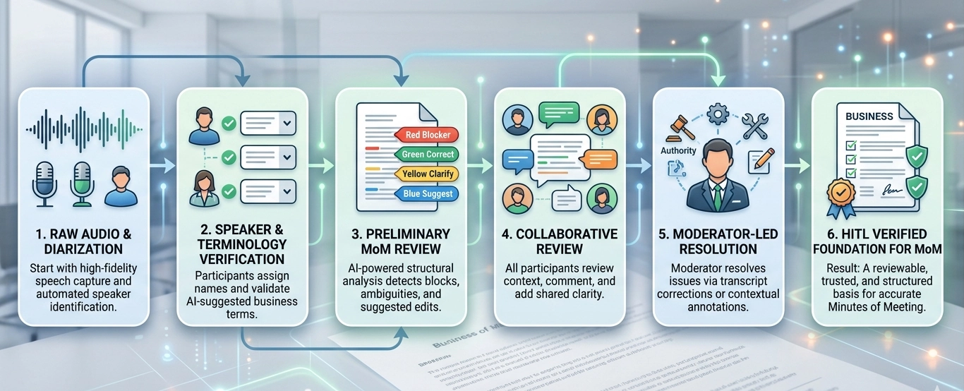 A workflow diagram illustrating how AI-Transcript uses a Human-in-the-Loop Verified framework (HITL) to convert raw meeting audio into finalized, structured Minutes of Meeting.